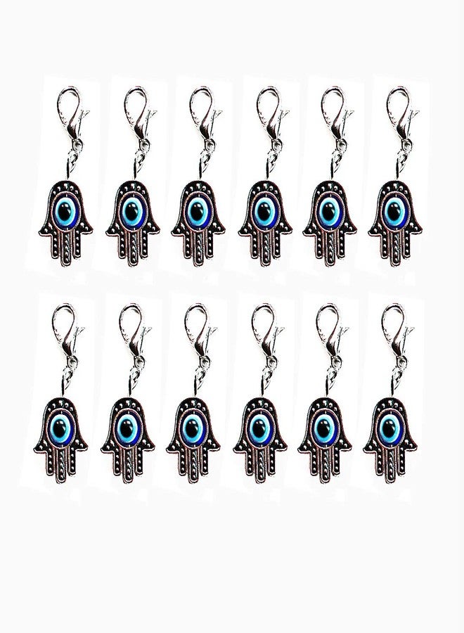 LUCKBOOSTIUM Charm Silver Hamsa Hand Clasp w/Inlayed Black, Blue & White Evil Eye - Sign of Blessing & Luck - Clothing, Bags, Shoes Accessories - Gift for Men & Women (1” x 1.5”, 12 Pack) - Image 1